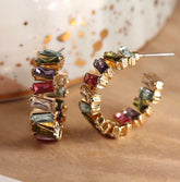 Golden Staggered Multicoloured Crystal Hoop Earrings